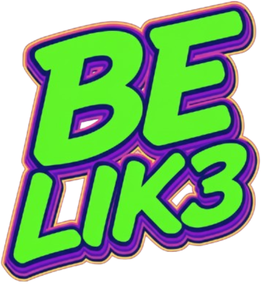 A die-cut sticker featuring the text 'BE LIK3' in a bold, bubbly font. The letters are bright neon green with a thick purple outline and a thin orange inner border, set against a plain white background.