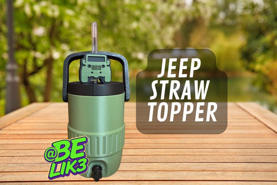 May include: A sage green plastic beverage cooler with a black lid and handle, featuring a sage green Jeep-shaped straw topper on a clear straw. The text JEEP STRAW TOPPER is visible on the right, and the text @BE LIK3 is visible on the bottom left.