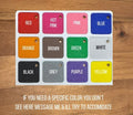May include: A rectangular white display board featuring twelve square colour swatches with rounded corners, each containing a small hole. The colours include red, hot pink, pink, blue, orange, brown, green, white, black, grey, purple, and yellow.